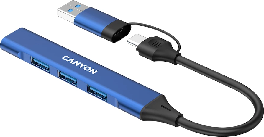 Hub USB CANYON DS-02 4-në-1, USB-C në 4x USB-A (1x USB 3.0 + 3x USB 2.0), kabllo 15 cm, Blu