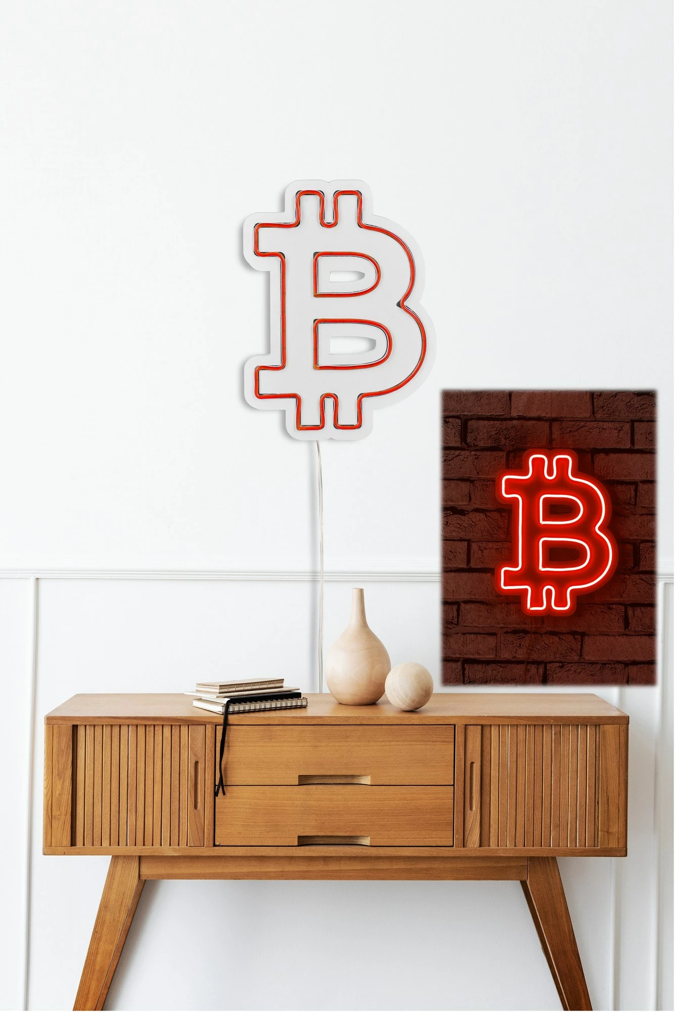 Dritë murale dekorative plastike LED, simboli i Bitcoin, e kuqe