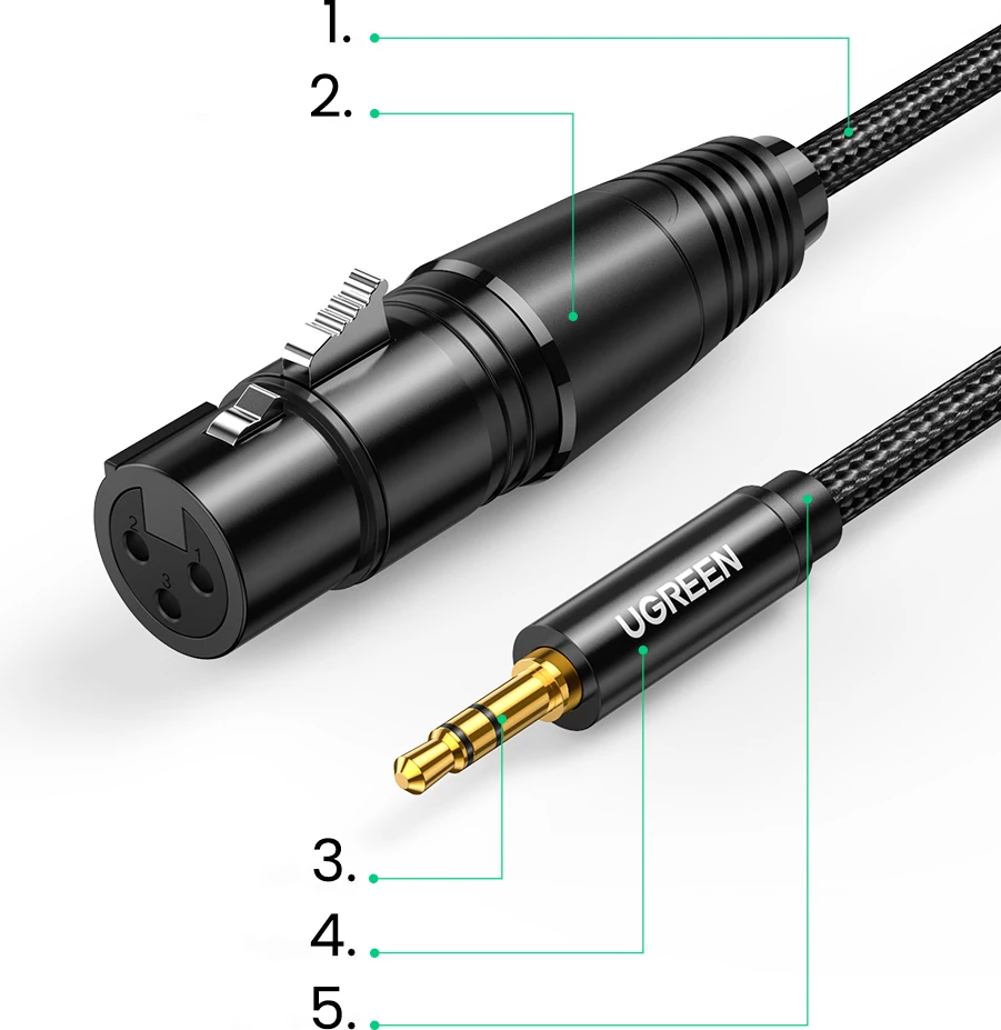 Kabllo audio Ugreen AV182, mini jack 3.5mm (mashkull) në XLR (femër), 1m, e zezë