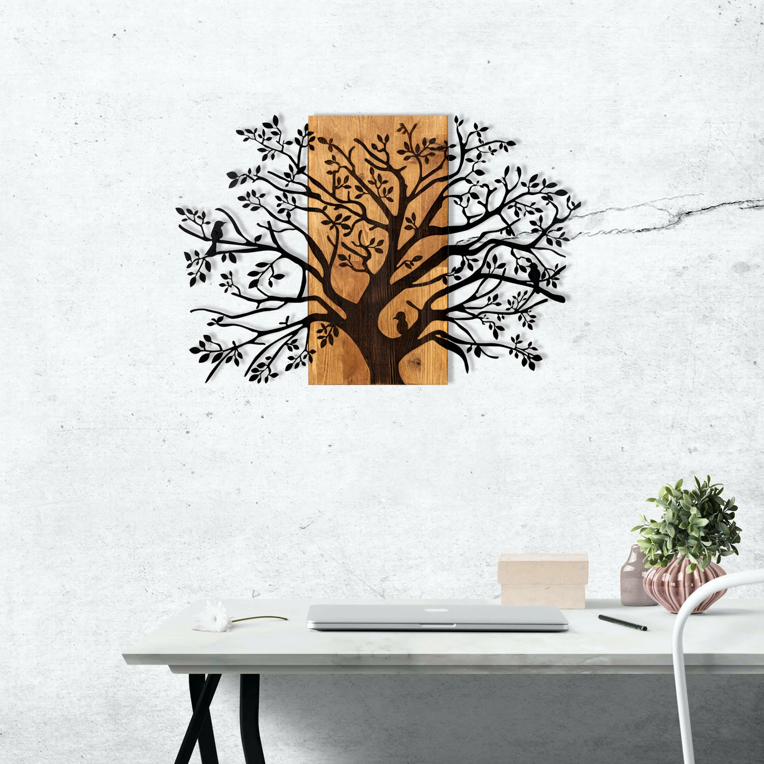 Aksesor dekorativ për mur, dru dhe metal, Wallity, Kavak, ngjyrë e zezë dhe arre, 85x58cm