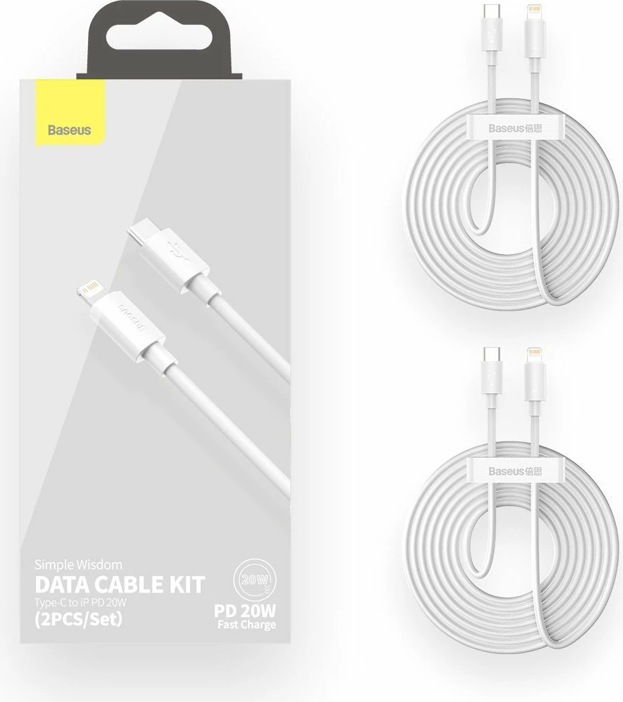 Set kabllo Baseus Simple Wisdom Data Cable Kit, USB-C në Lightning, 1.5m, 20W, Bardhë, 2 copë