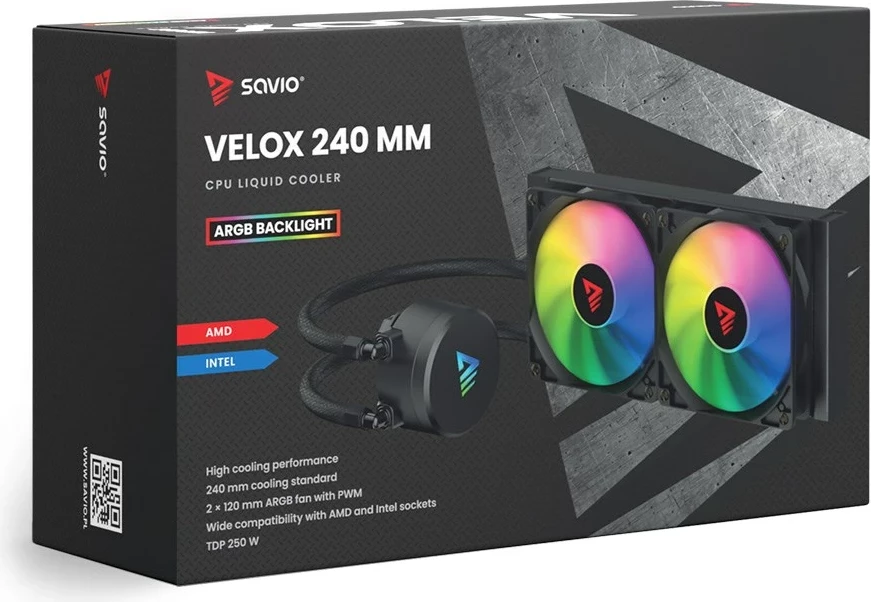Komplet ftohës me ujë për kasë, Savio VELOX 240MM, 2x12 cm, RGB, i zi