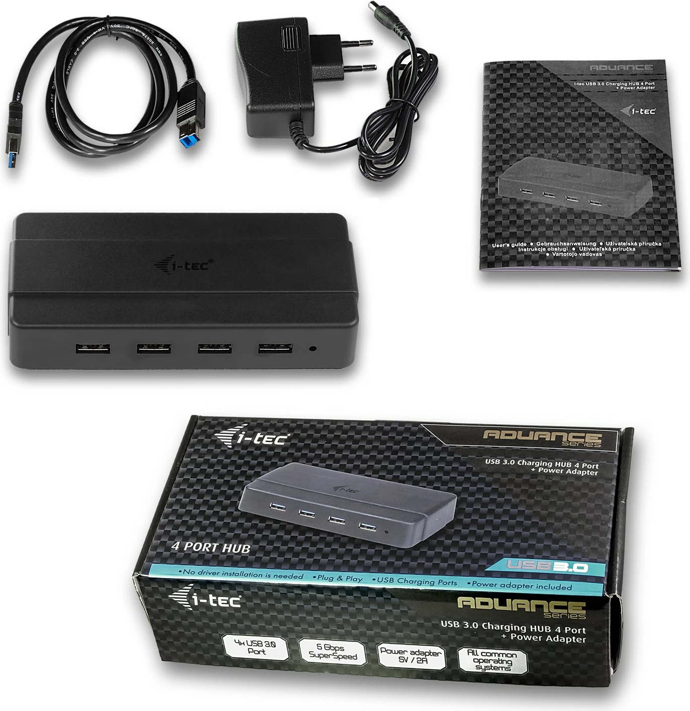 HUB USB I-Tec 4 porta, USB 3.0, me adapter rryme, i zi