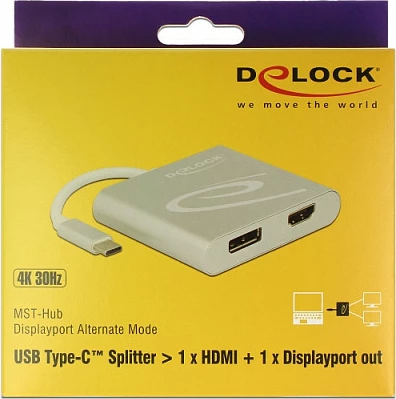 Splitter USB-C DeLOCK 87716, 1x HDMI + 1x DisplayPort, 2560x1440, argjend