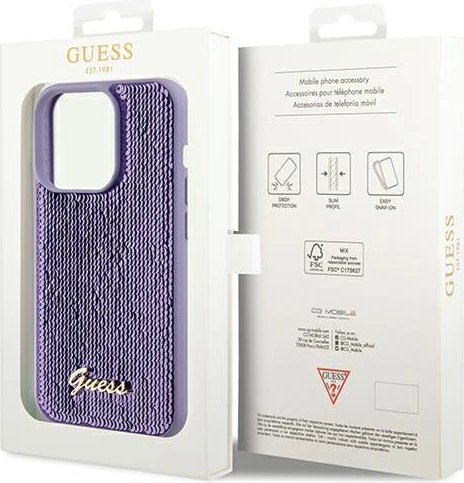Mbështjellës Guess Sequin Script Metal për iPhone 14 Pro Max, vjollcë