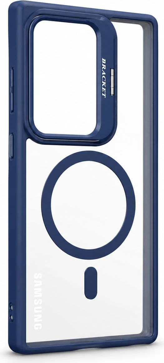 Mbrojtëse Magnetike për Samsung Galaxy S24 Ultra me mbrojtje kamerash dhe Bracket - Transparent/Black për mbështetje - e kaltër
