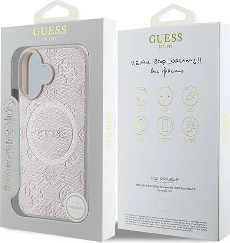 Mbështjellës Guess Saffiano Peony Classic Logo MagSafe për iPhone 16 Plus, Rozë