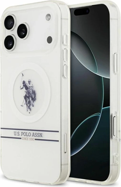 Kapak telefoni U.S. Polo Assn. DH and Bottom Stripe Logo MagSafe për iPhone 17 Pro Max, i bardhë