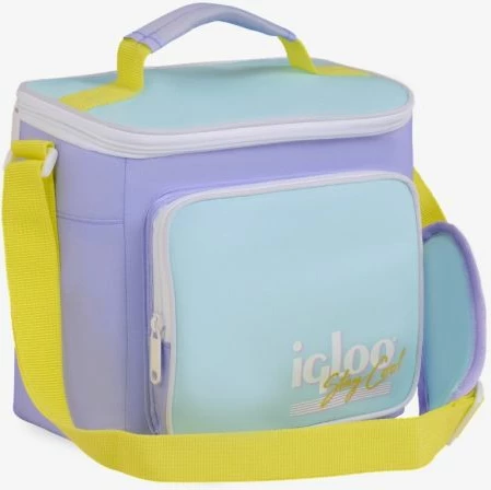 çantë termike IGLOO Soft Retro Square Lunch, kapacitet 9 kanaçe, 22.23×15.24×21.59 cm, pastel vjollcë/bojëqielli me rrip të verdhë