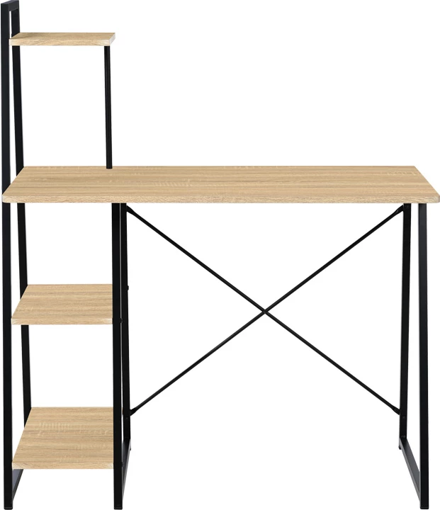 Tavolinë pune me rafte Deckstor, ngjyrë lisi-me këmbë metalike të zeza, 102x50x117cm