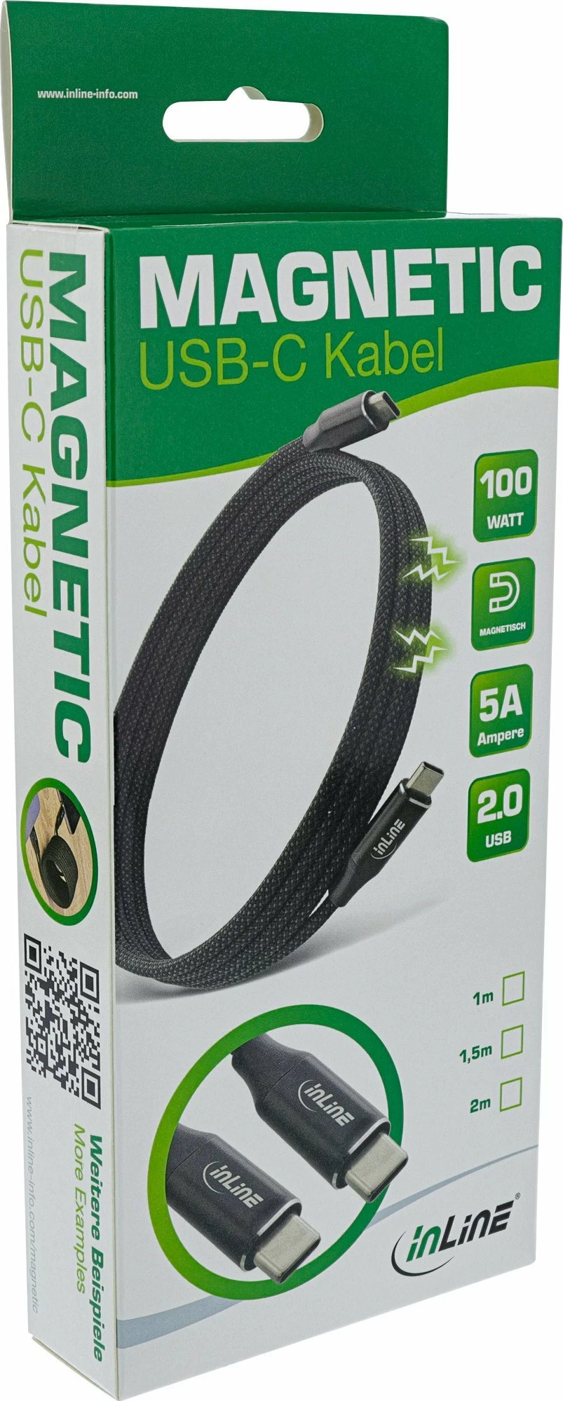 Kabllo USB-C InLine 35881, 1 m, 100 W, USB 2.0, magnetike, e zezë