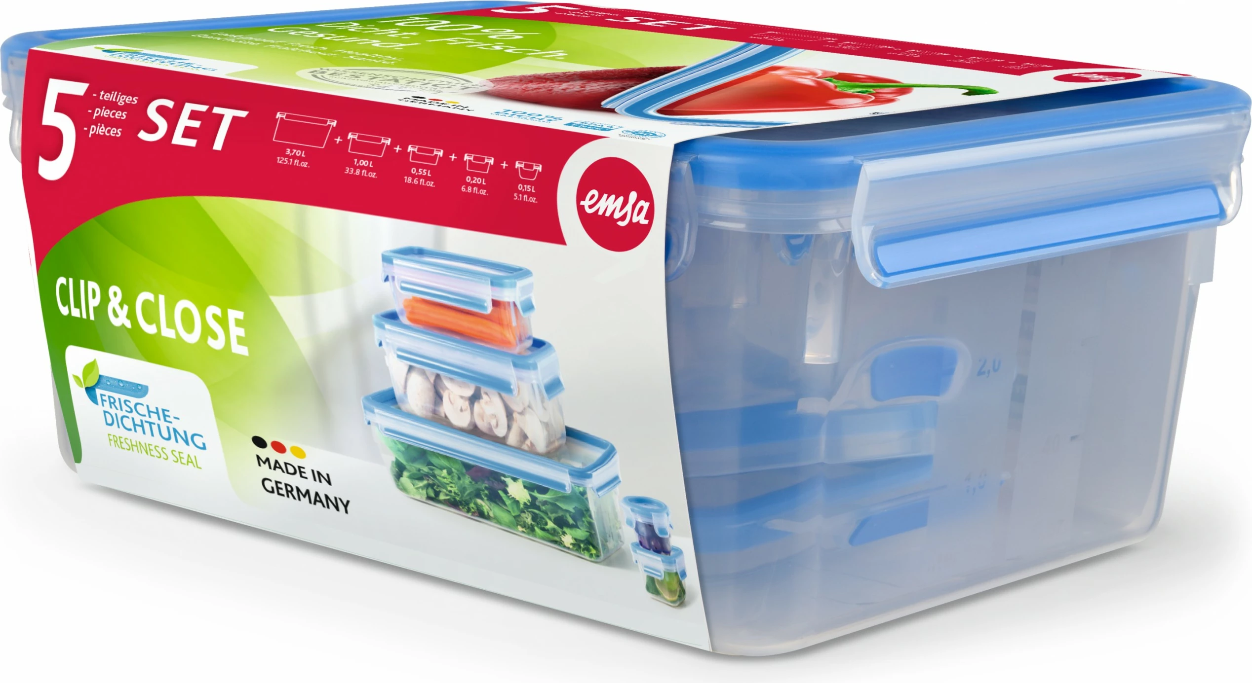 Set enësh plastike Emsa CLIP & CLOSE 5 copë, 0.15-3.70L, kaltër