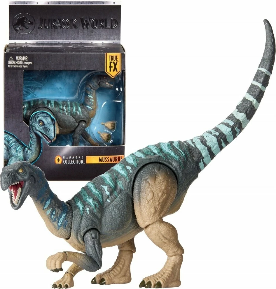 Figurinë dinosauri Mattel Jurassic World Hammond Collection Mussaurus JKM89 21 cm, gri me detaje të kaltra