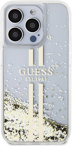 Mbështjellës Guess Liquid Glitter Gold Stripes për iPhone 15 Pro, Transparent