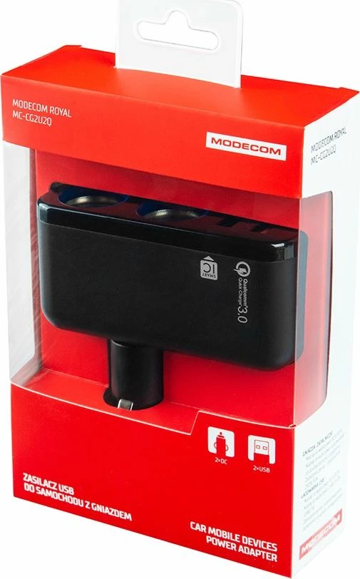 Karikues veture Modecom Royal MC-CG2U2Q (ZT-MC-CG2U2Q-11), 2x USB-A, Quick Charge, 12/24V, 2x prizë çakmaku, i zi