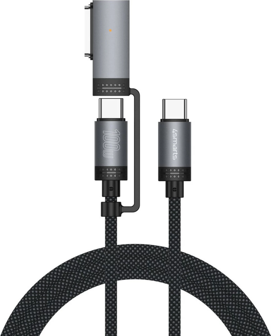 Kabllo 4smarts ComboCord 2m USB C/USB C-MagSafe 3, 100W, najlon, e zezë/gri