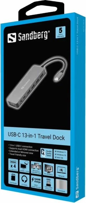 stacion dokimi USB-C SANDBERG 136-45 13-në-1, PD 100W, 2x HDMI 4K, VGA, Gigabit Ethernet, SD/microSD, audio 3.5mm, 4x USB, set 2 pjesë, gri