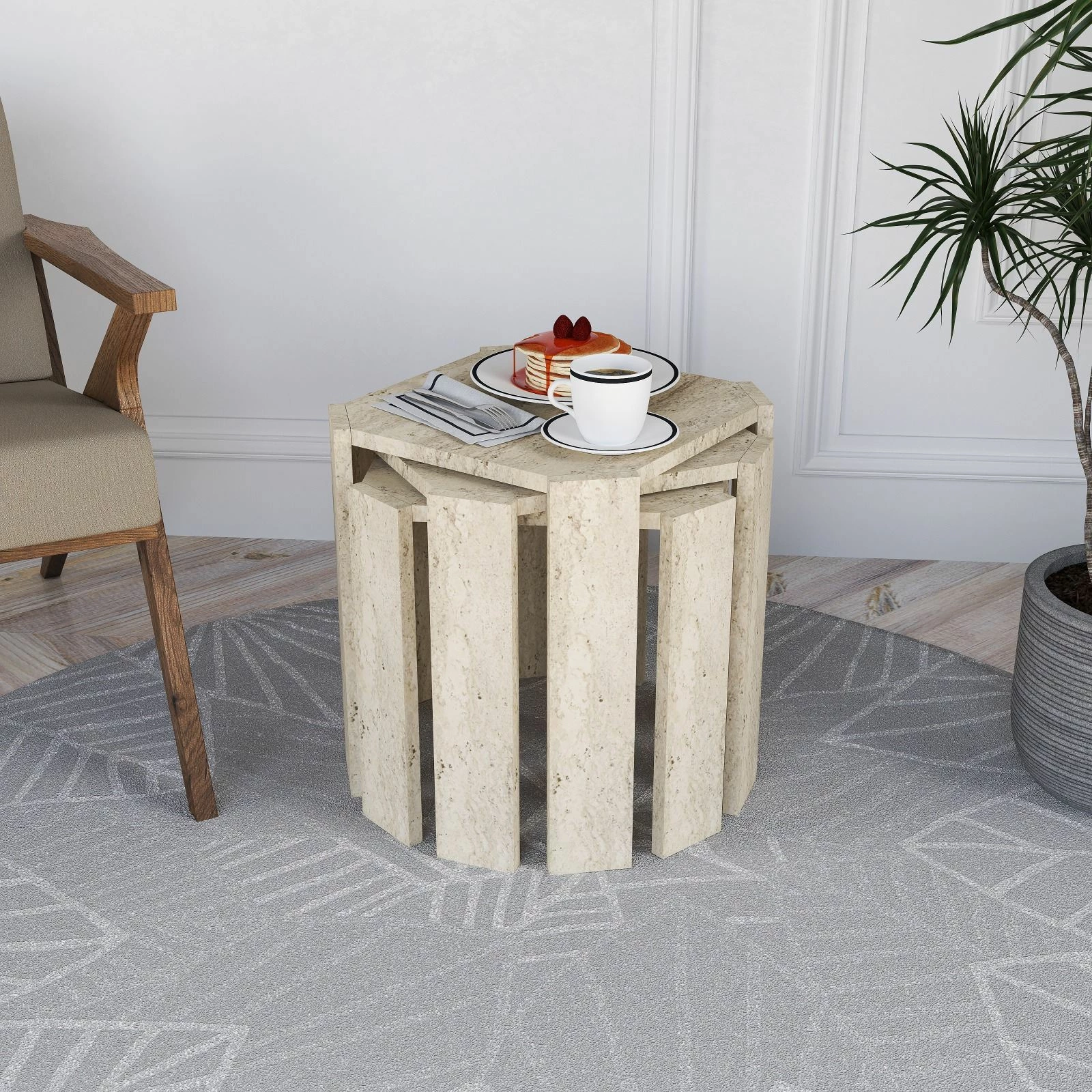 Set tavolinash ndihmëse, 3 copë, ngjyrë travertine, Skye Decor Azra