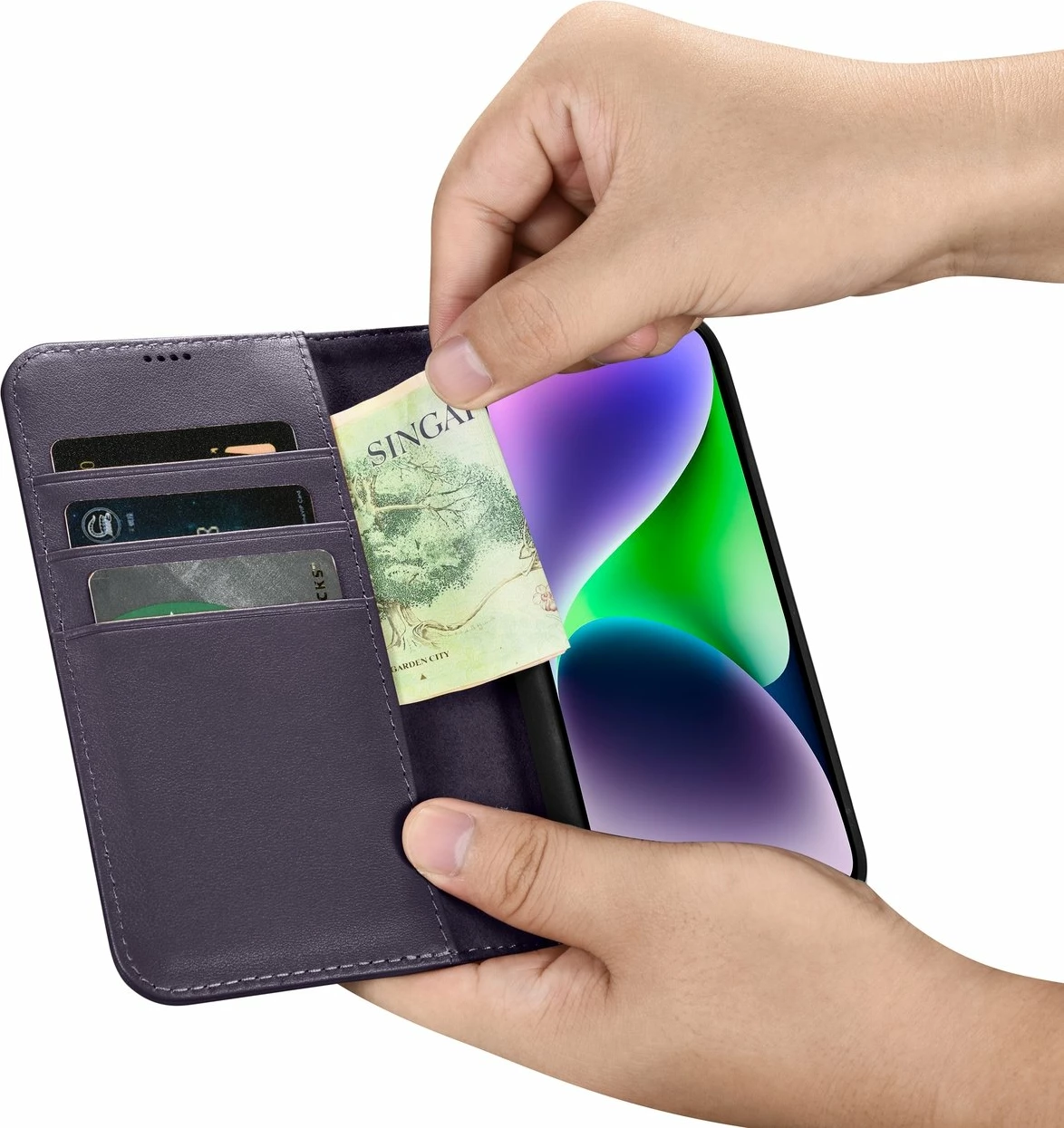 Mbështjellës iCarer Wallet Case 2in1 për iPhone 14 Plus, lëkurë natyrale, Anti-RFID, Vjollcë e errët