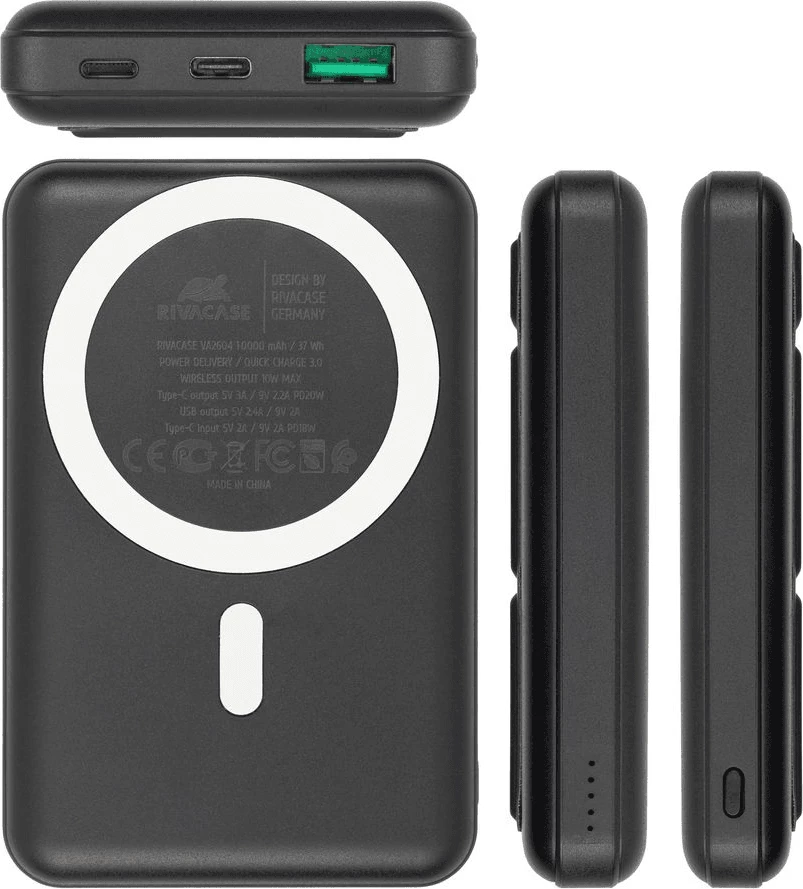 Powerbank magnetik MagSafe RIVACASE VA2604 10000mAh 20W Qi 15W me mbajtëse, e zezë