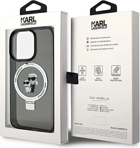 Mbështjellës Karl Lagerfeld Ring Stand Karl&Choupette MagSafe për iPhone 14 Pro Max, i zi