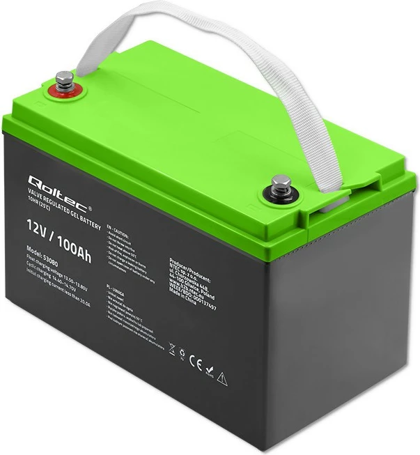 Bateri xhel Qoltec 100Ah 12V, Model 53080, e zezë me të gjelbër