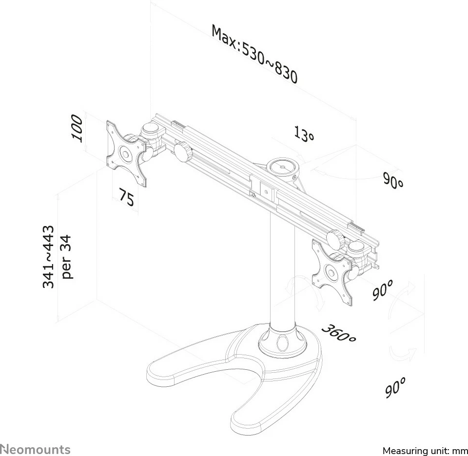 Mbajtës monitori Neomounts FPMA-D700DD, për 2 ekrane 19-30 inç, rregullim lartësie, i zi