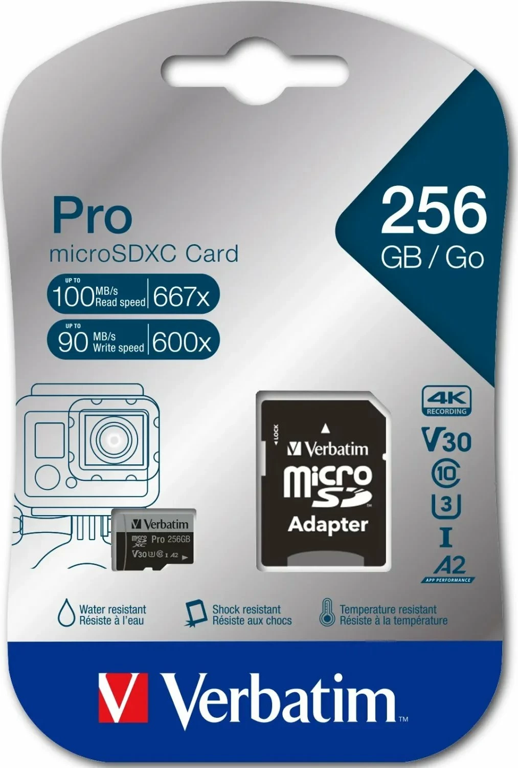 Kartë memorie microSDXC Verbatim Pro 256GB Class 10 UHS-I/U3 A2 V30, me adapter