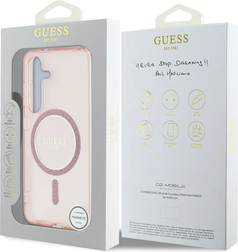 Mbështjellës Guess Glitter Circle Classic Logo MagSafe për Samsung Galaxy S25, Rozë