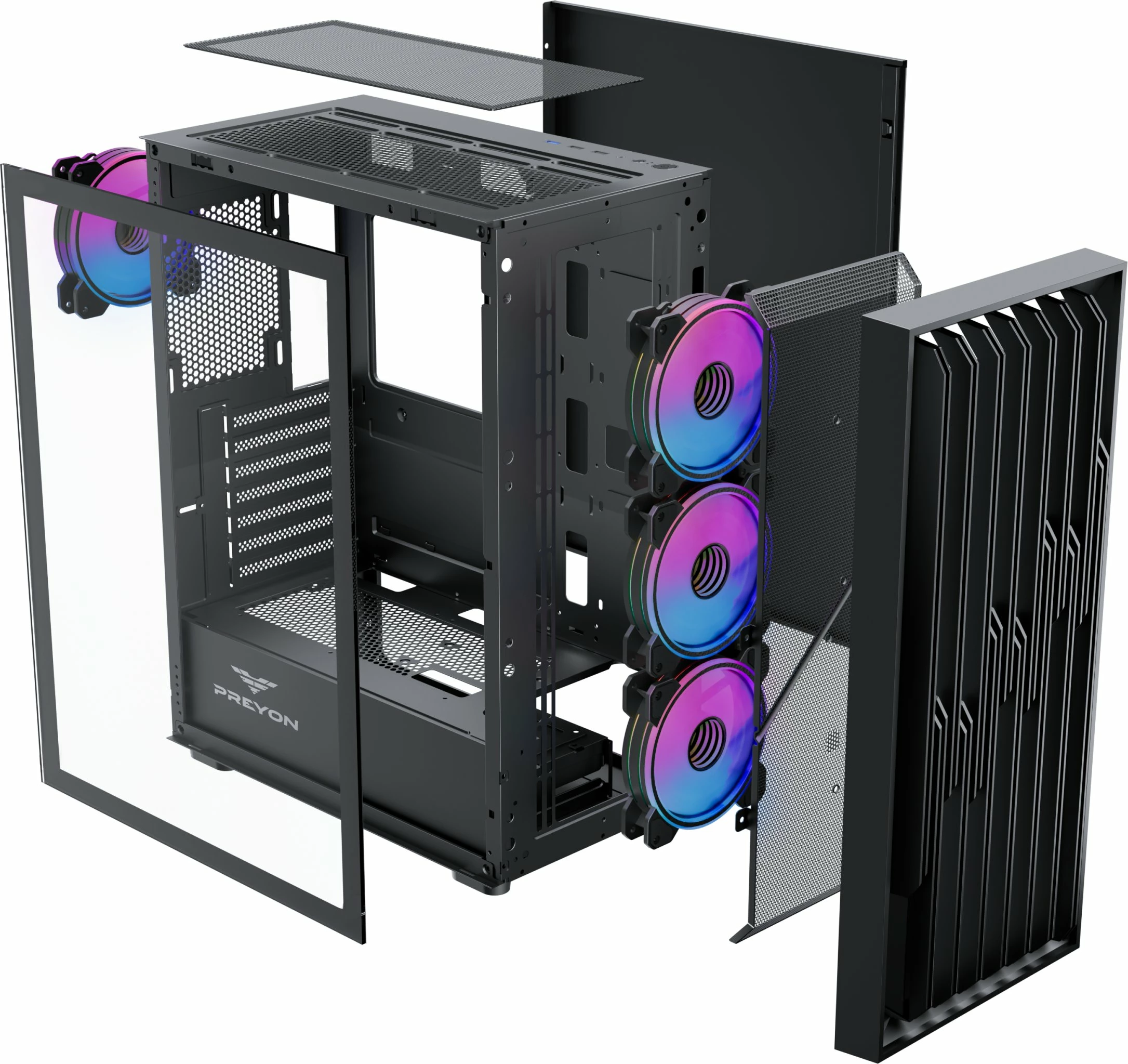 Kasë PREYON Nest Quarry ARGB PNQ04B Midi Tower, E-ATX/ATX/mATX/Mini-ITX, USB-C, 4x120mm PWM ARGB fanë, e zezë