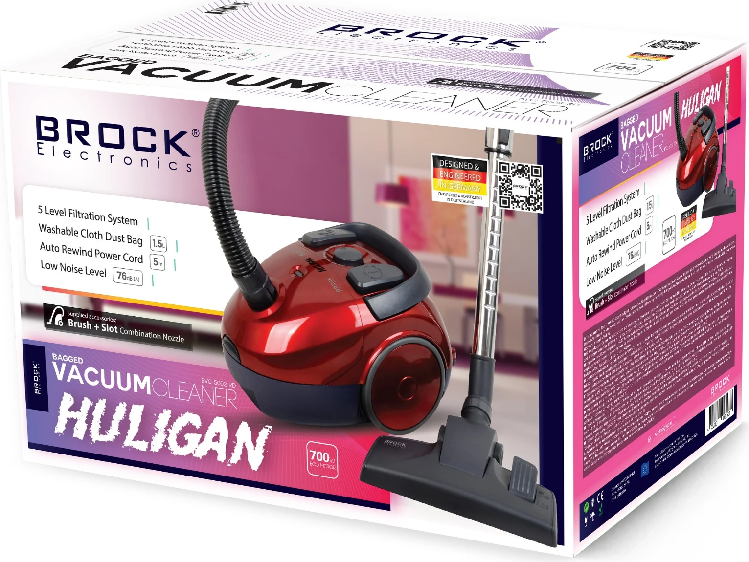 Fshesë me korrent me qese Brock BVC 5002 RD 700W qese e larshme 1.5L rreze 7.5m, kuqe/hiri