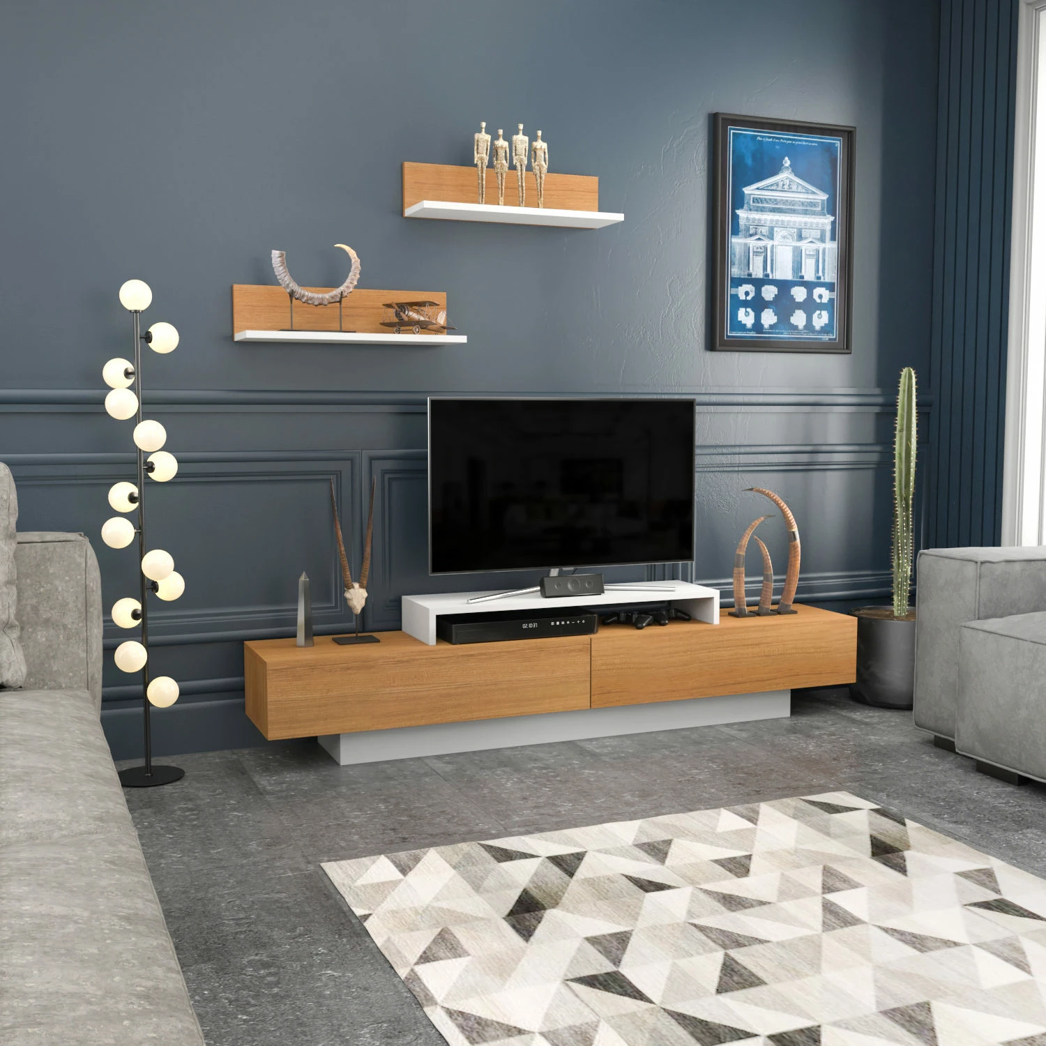 Komodë TV Skye Decor, Lusi, e bardhë dhe dru tik