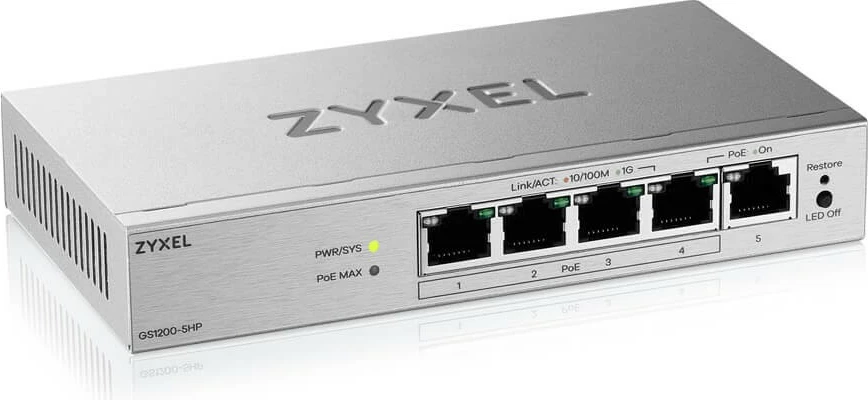 Switch Zyxel GS1200-5HPV3-EU0101F 5xGE L2 i menaxhueshëm, PoE+ (4 porta), 155×85×26 mm, gri