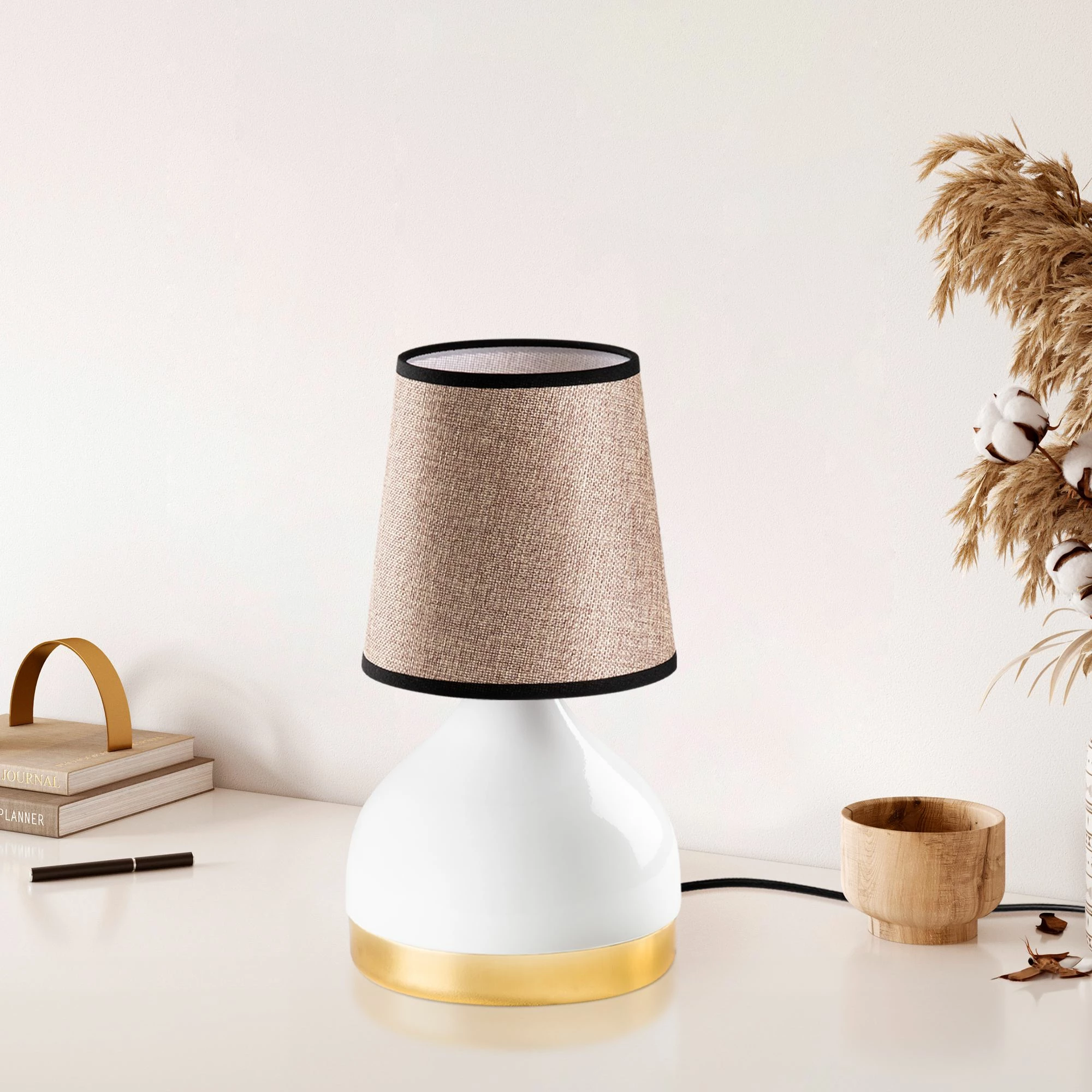 Llambë tavoline Opviq, Yıldo - 8022, trup metalik, kapak prej tekstili, e bardhë dhe kafe e çelët, 17x17x33cm