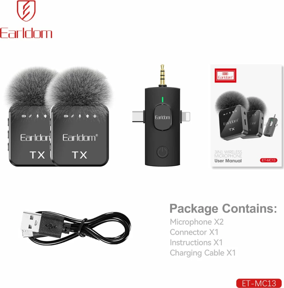 Mikrofon Wireless Earldom ET-MC13 (3-në-1) me Kuti Type-C/Lighting + Audio