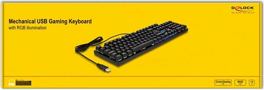 Tastierë gaming mekanike DeLOCK, USB me kabllo 1.6 m, RGB, QWERTZ gjermane, e zezë