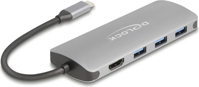USB hub DeLOCK 64323, 7 porta, 4K HDMI, USB-C/USB-A, 90W, alumini, gri