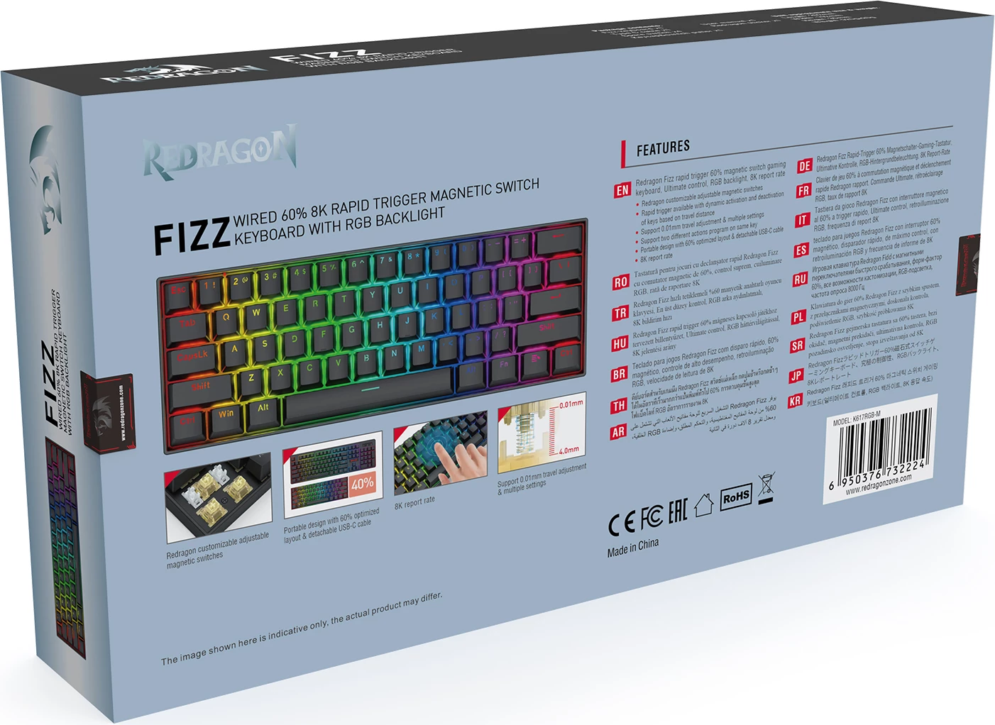 Tastierë me kabllo gaming Redragon Fizz K617RGB-M, 60% 61 taste, Hall Effect magnetike, 8000Hz, RGB, e zezë