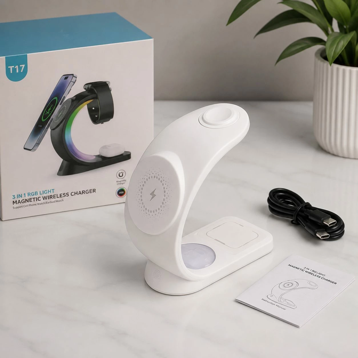 Karikues Wireless Magnetik T17 3-në-1 për telefon, orë dhe kufje