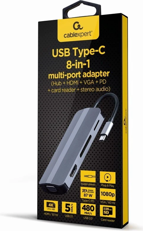 Adapter USB Type C 8w1 Hub 3.1 Gembird, gri