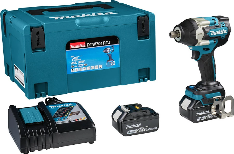 Shtrëngues me goditje me bateri Makita DTW701RTJ, 18V Li-Ion, 1/2", brushless, me bateri e karikues, zi/blu