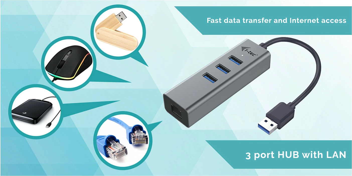 USB HUB i-tec Metal, 3x USB 3.0 + Gigabit Ethernet (RJ-45), USB-A, gri