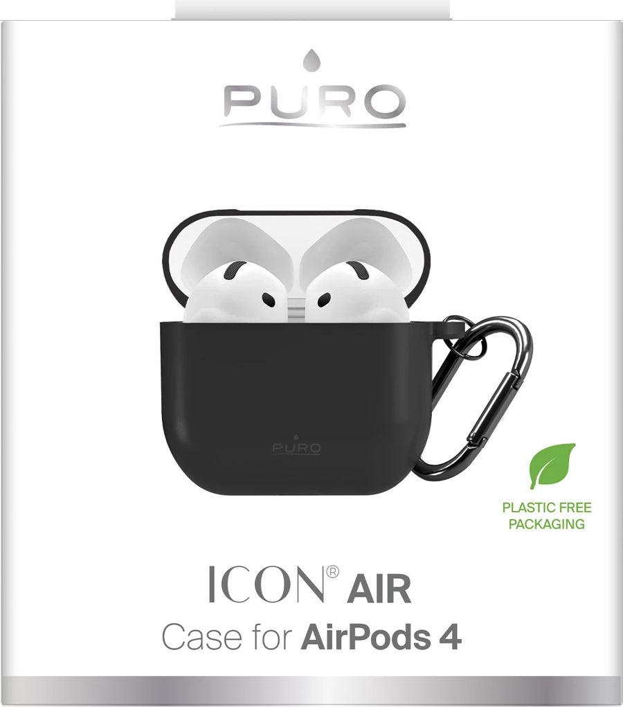 Mbështjellës silikoni Puro Icon për Apple AirPods 4, me karabinë, i zi