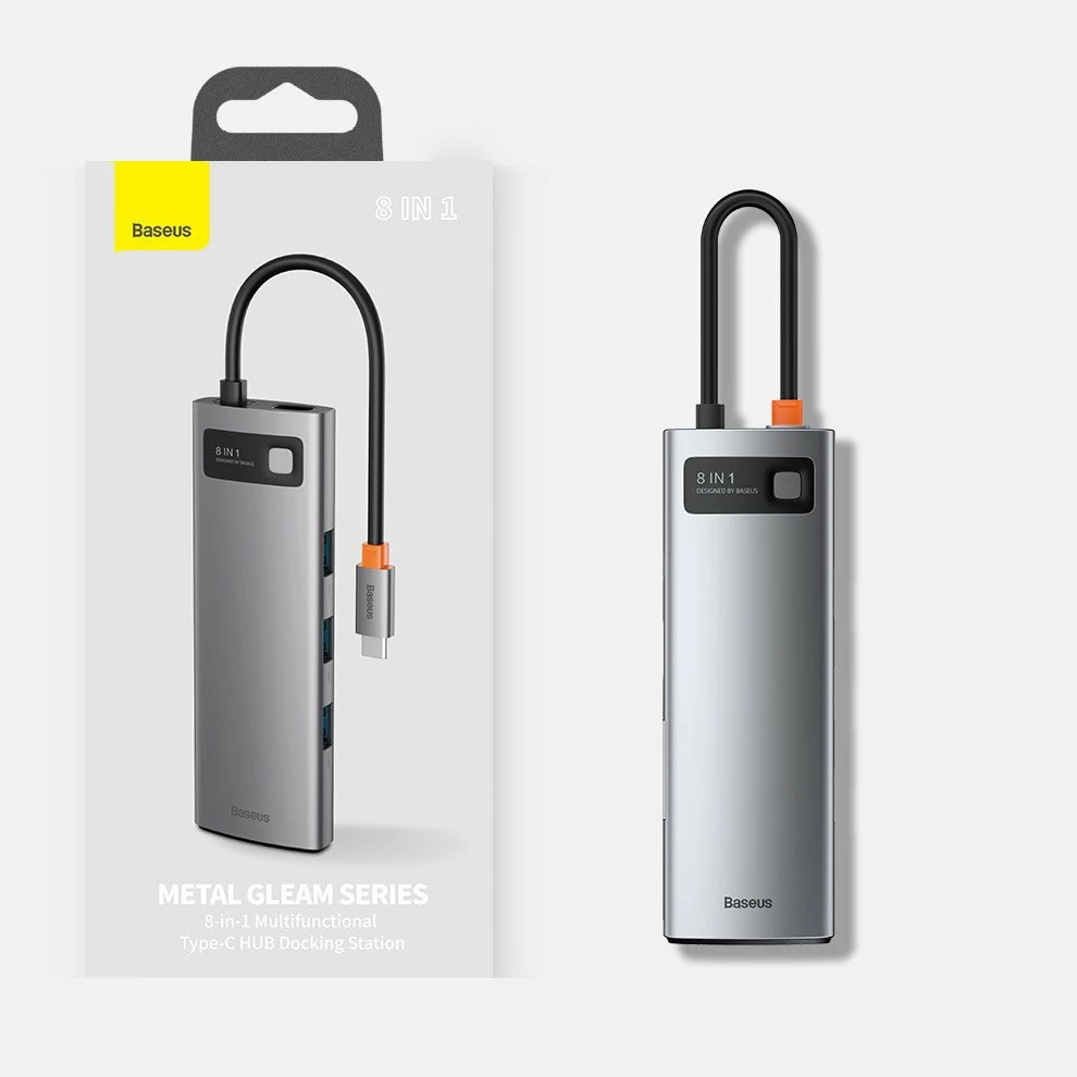 HUB Baseus Metal Gleam 8in1, USB-C, HDMI 4K, RJ45, 100W PD, Gri