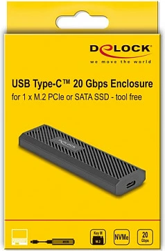 Kasë eksterne për SSD M.2 DeLOCK, USB-C 20Gbps, NVMe/SATA, pa vegla, e zezë