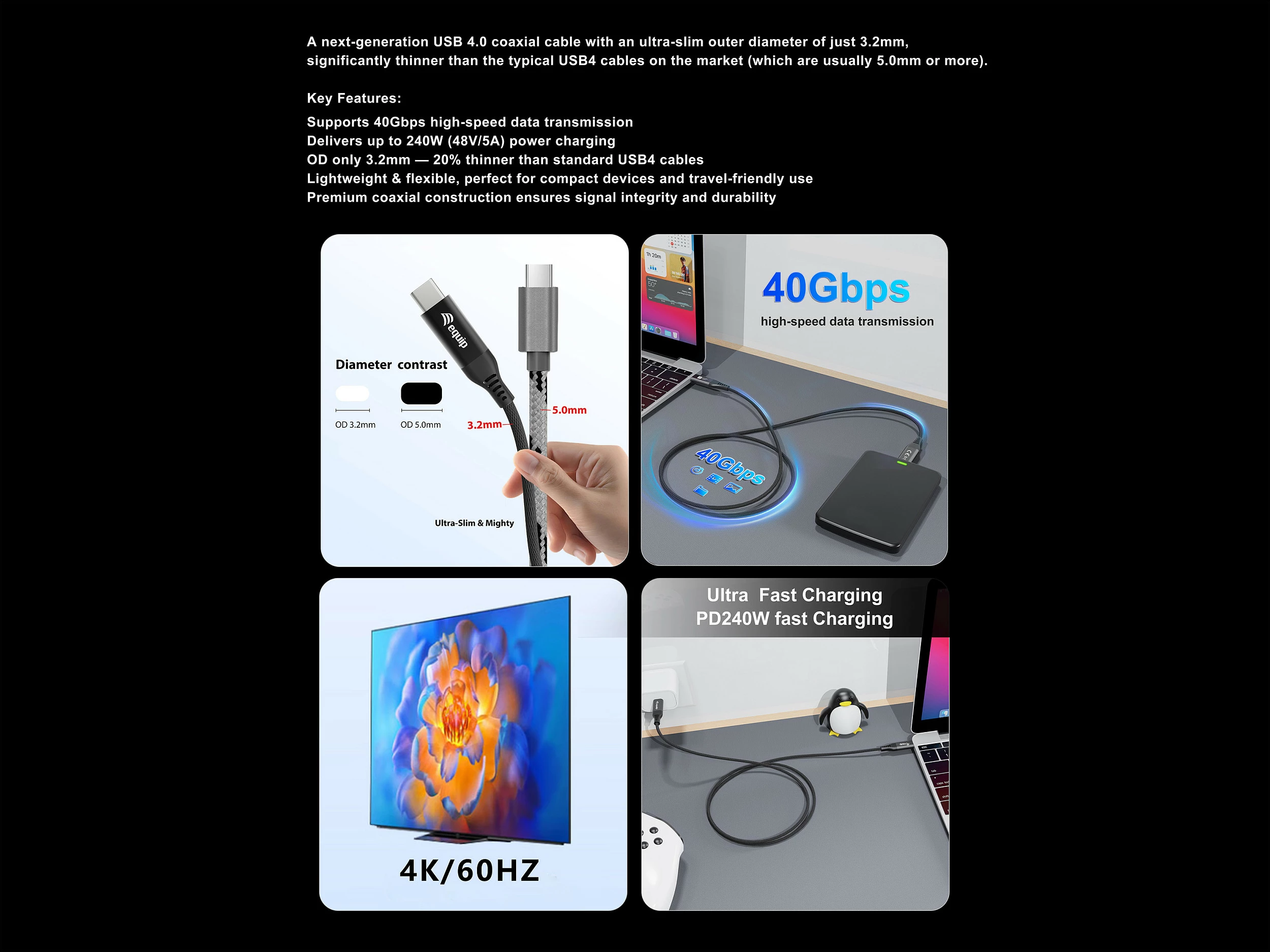 Kabllo USB-C EQUIP 128389 USB4, C në C, 1.2 m, 40Gbps, PD 240W, 8K/60Hz, e zezë