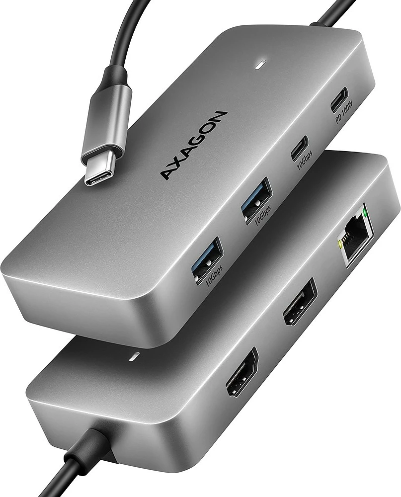 hub USB-C 7-në-1 AXAGON HMC-CUB83X2, 10Gbps, 2x USB-A + 1x USB-C, HDMI 4K/144Hz, DP 8K/30Hz, GLAN, PD 100W, kabllo USB-C 15cm, gri