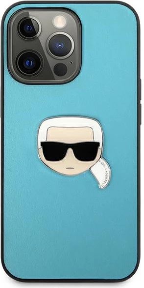 Mbështjellës Karl Lagerfeld KLHCP13XPKMB për iPhone 13 Pro Max 6.7\", hardcase lëkurë eko me emblemë metalike 3D, blu, me kuti