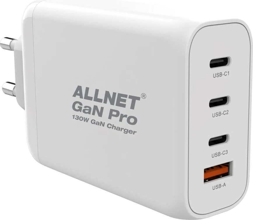 Karikues ALLNET GaN 130W, 1x USB Typ-A QC, 3x USB Typ-C, i bardhë