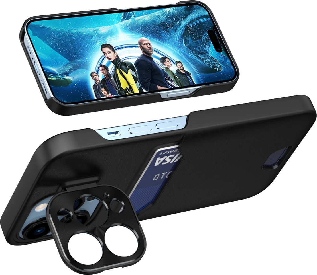 Mbështjellës Hurtel Leather Stand Case për iPhone 14 Pro, me xhep kartelash dhe mbajtëse, e zezë